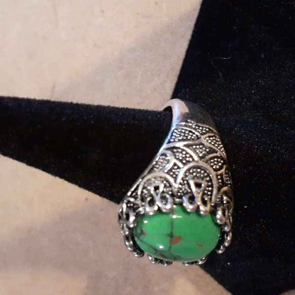 Green Copper Turquoise Statement Ring .925 Sterling Silver Filigree size 7 - Picture 3 of 4